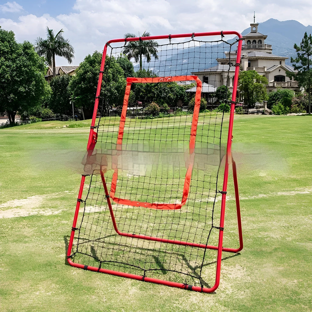 Red metal baseball training net 4x6ft set up for outdoor sports practice