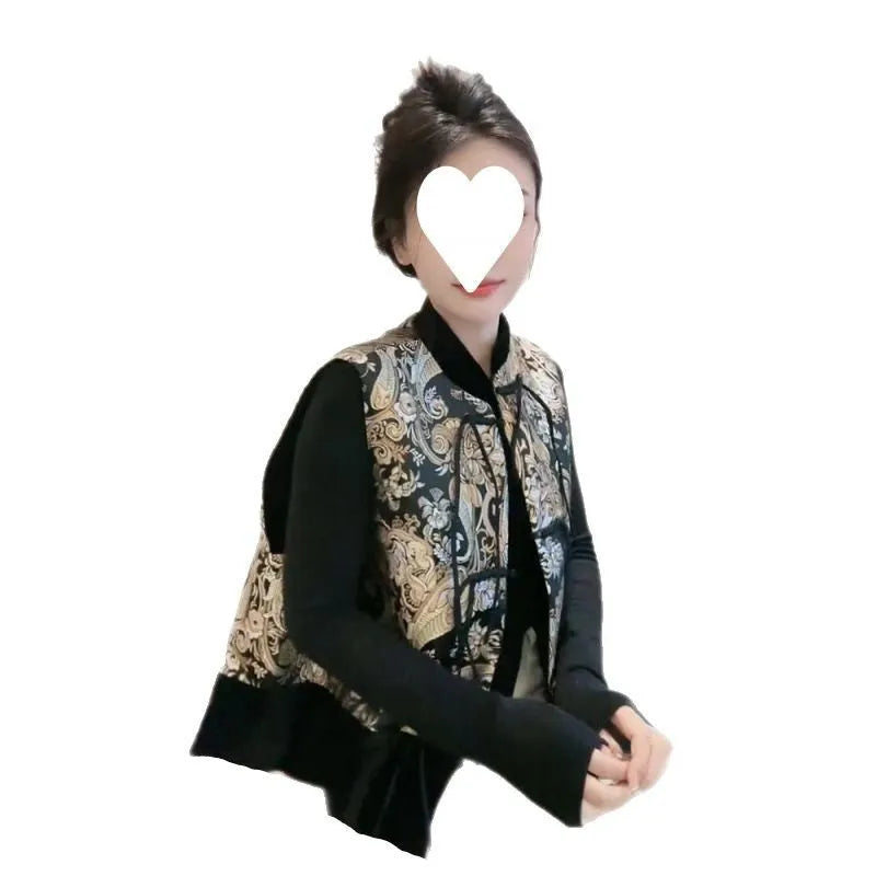 Retro Tang Suit style vest with plant and flower pattern, button cardigan front, 50cm length, picture colour
