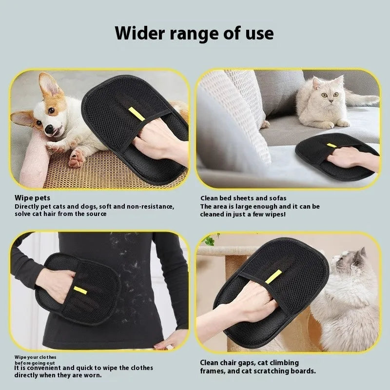 Black pet hair removal glove with silicone bristles on a hand, grooming a dog.