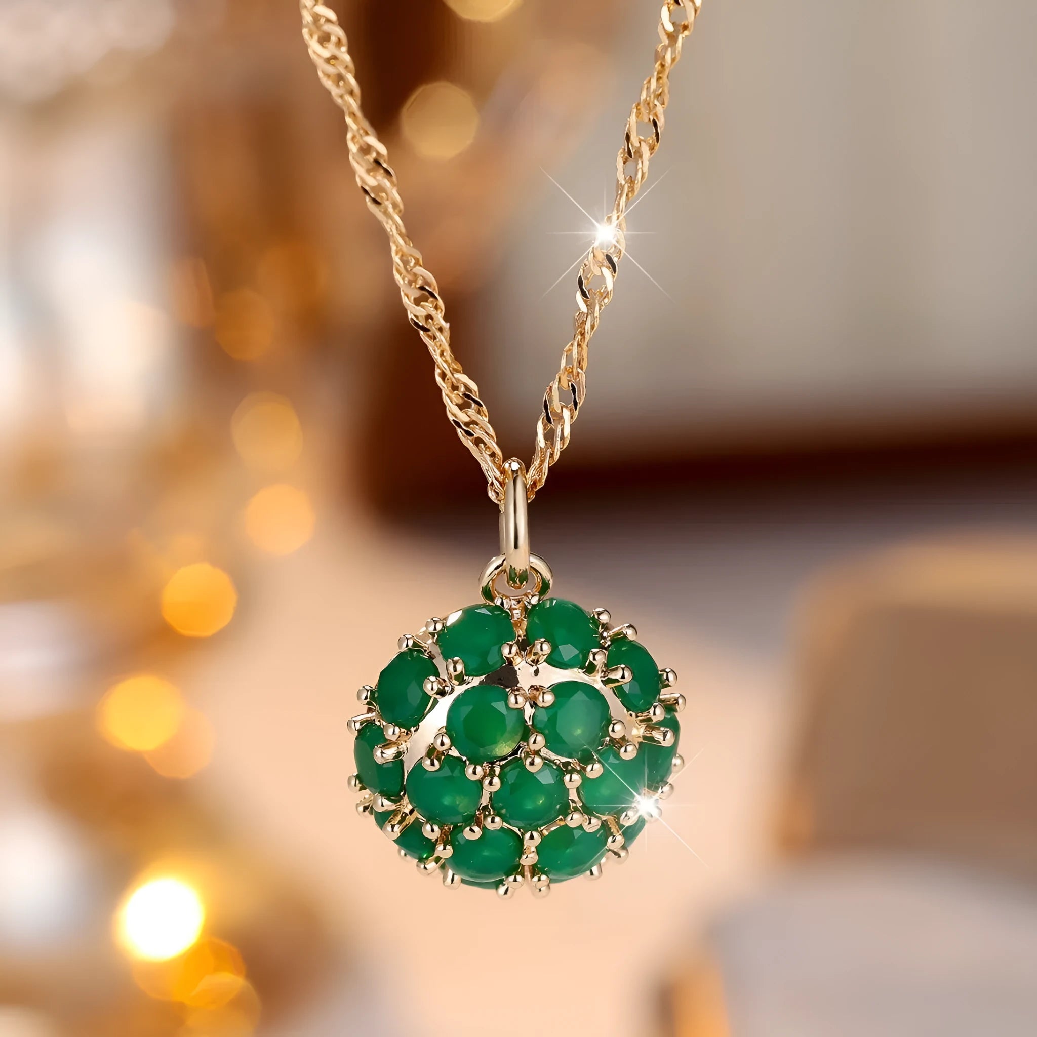 Round emerald pendant full diamond necklace champagne gold colour 51-60cm adjustable chain