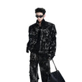 Men's heavyweight denim long pants jacket with washed graffiti design in grey and pink colour option.