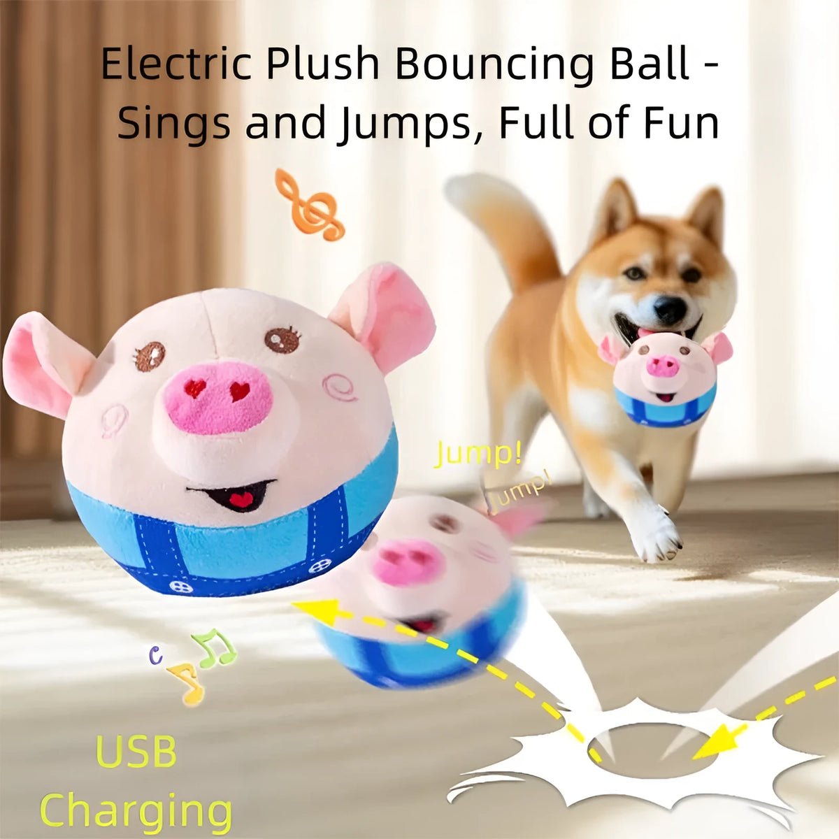 Plush pig dog toy with electric jumping ball, USB rechargeable, Blue and Red options