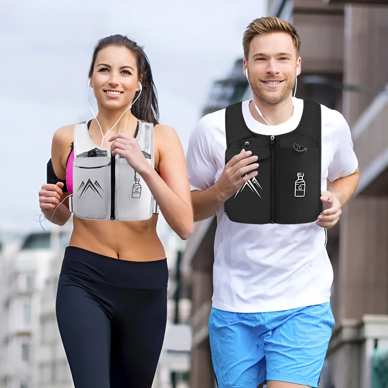 Breathable mesh sports running vest showing phone compartment and optional 500ml kettle accessory in classic black colour