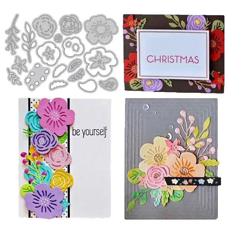 Silver carbon steel flower knife mold for paper cutting measuring 14.3 by 9.9 cm with etched plant design
