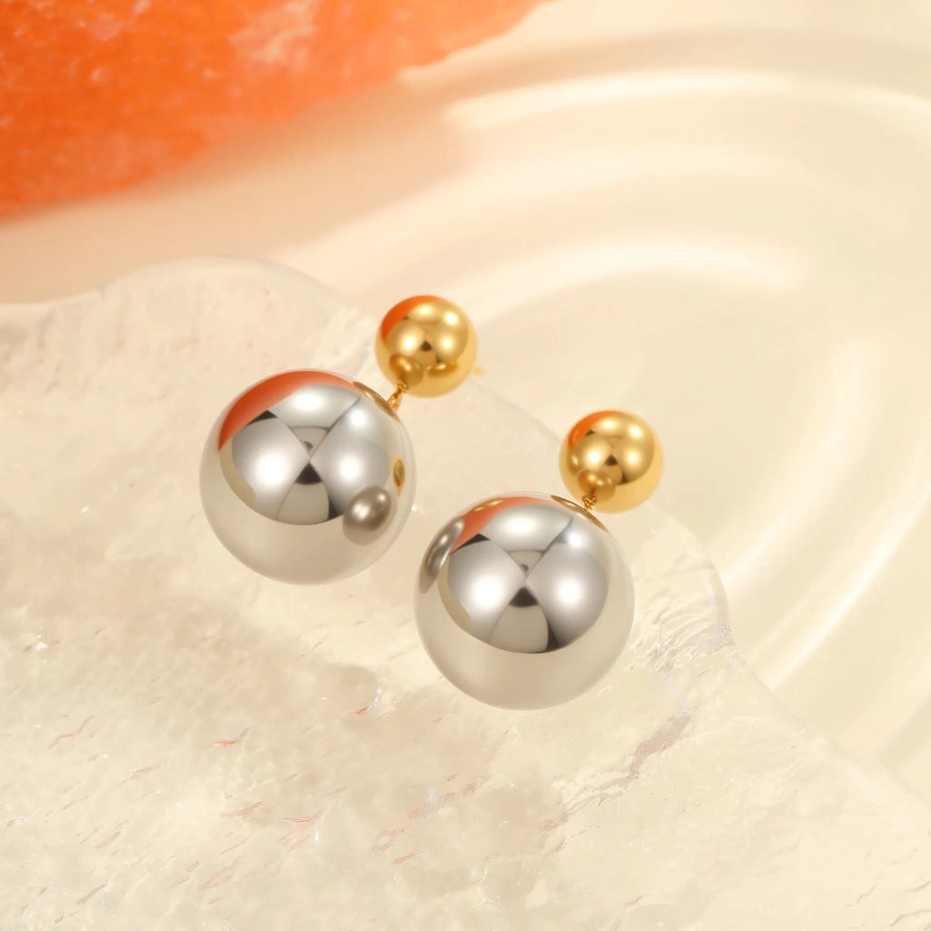 Stainless steel geometric round bead ear studs with gold electroplating and colour-block detailing