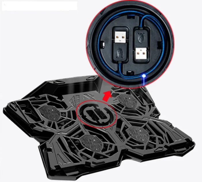Blue LED computer cooling exhaust fan base with four 120mm fans, two speed switches, and USB ports
