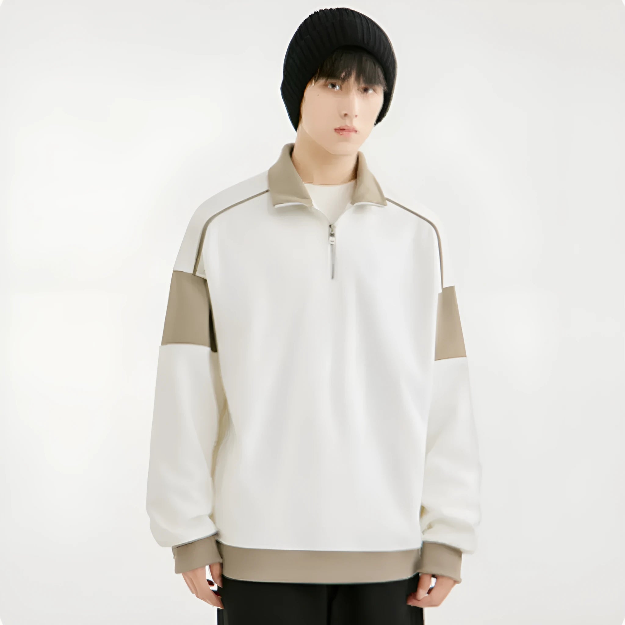 Men's beige corduroy hooded sweater with rabbit fur, drop shoulders, and loose lapels on a hanger.