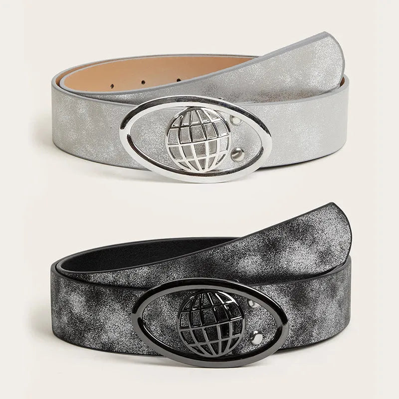 Women's thick retro belt with oval alloy buckle in PU leather, earth style grey white colour