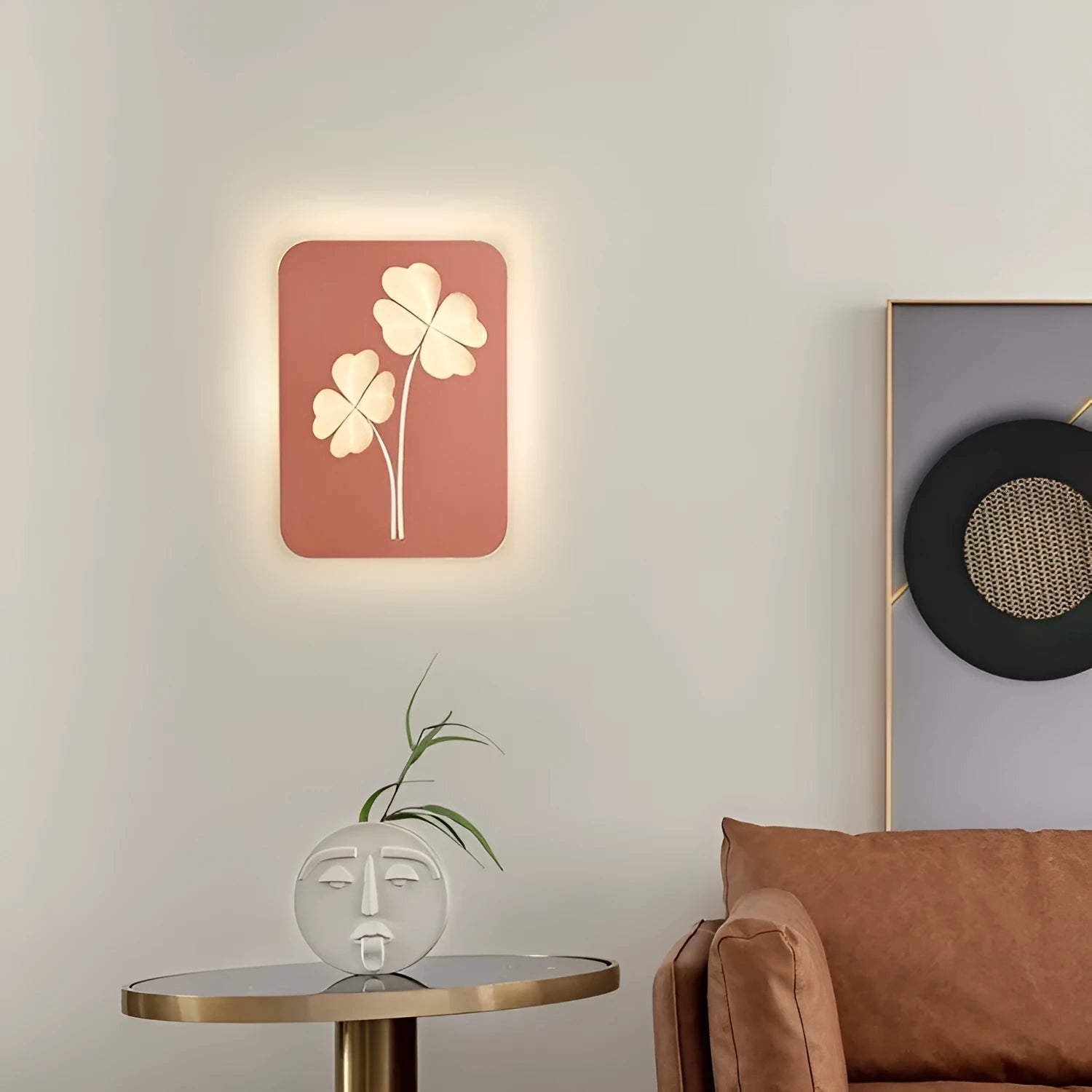 Modern wall lamp with acrylic shade and iron body featuring three-colour LED lighting in various pattern designs
