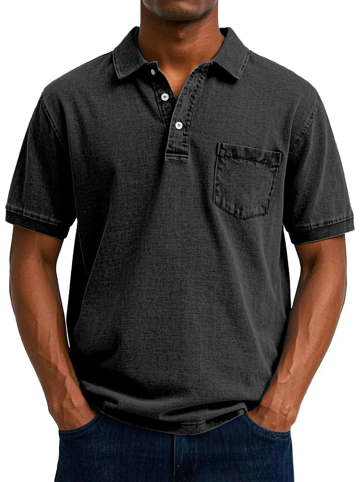 Plus size man modelling a loose fit Korean style short sleeve cardigan shirt in a printed design.