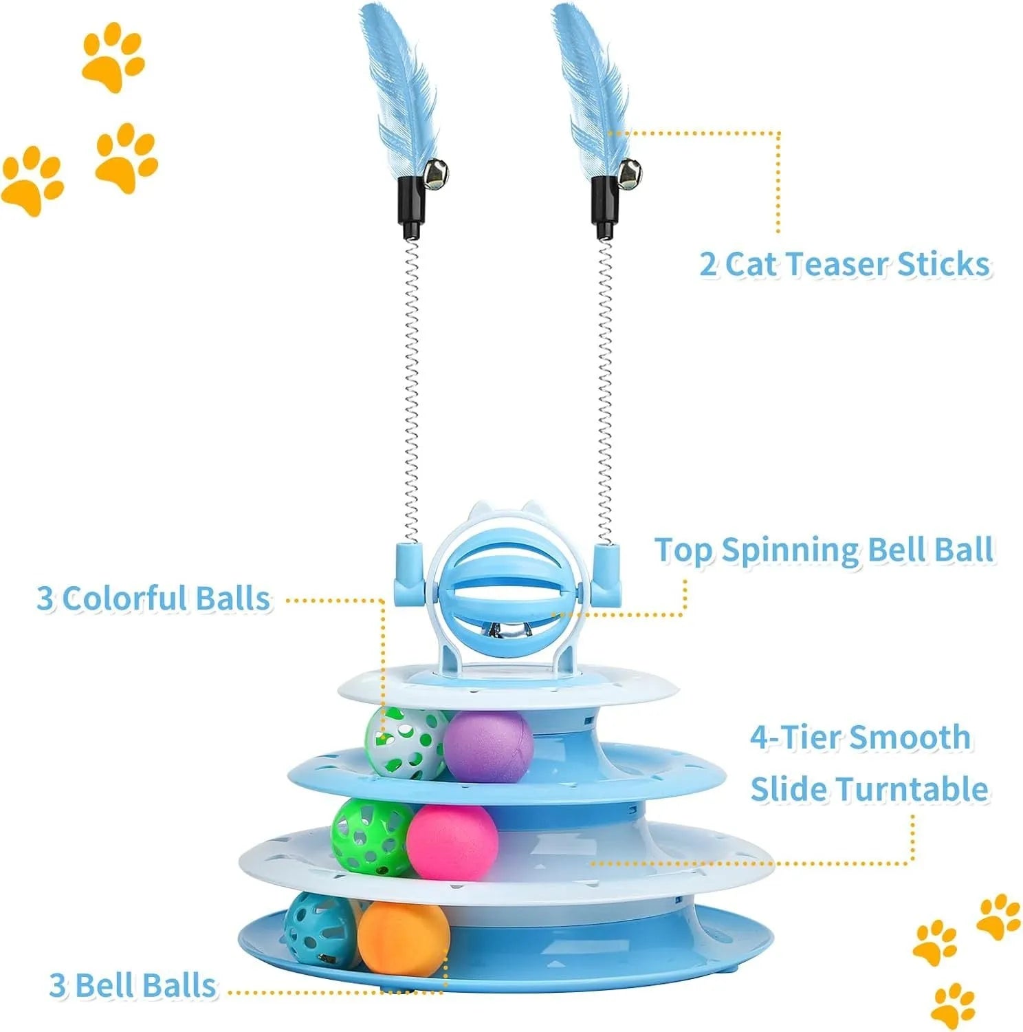 Blue 4-tier interactive cat toy with balls and teasing rods on a non-slip base.