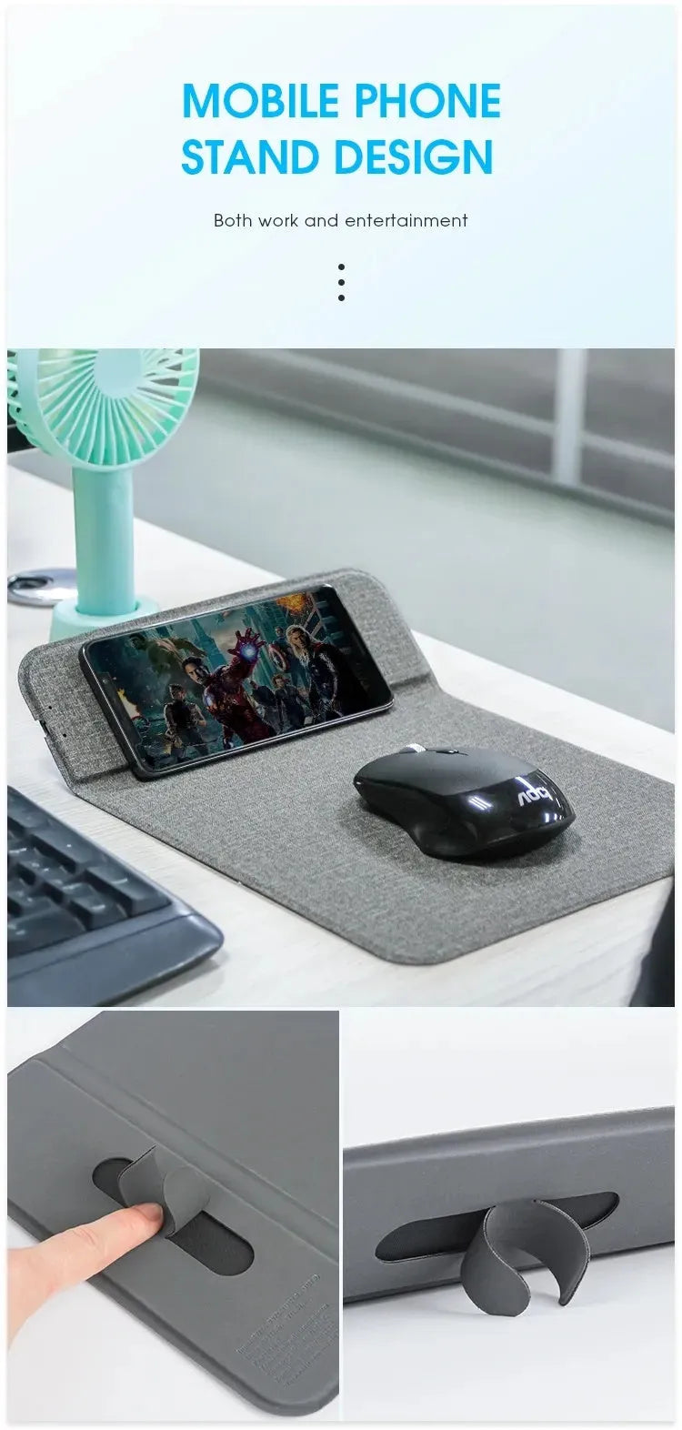 Foldable cloth phone holder open showing Qi wireless charging pad for smartphones.