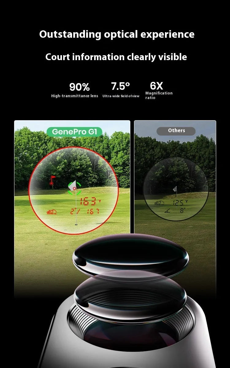 Black GenePro G1 golf laser rangefinder with AMOLED touch screen showing distance measurement.