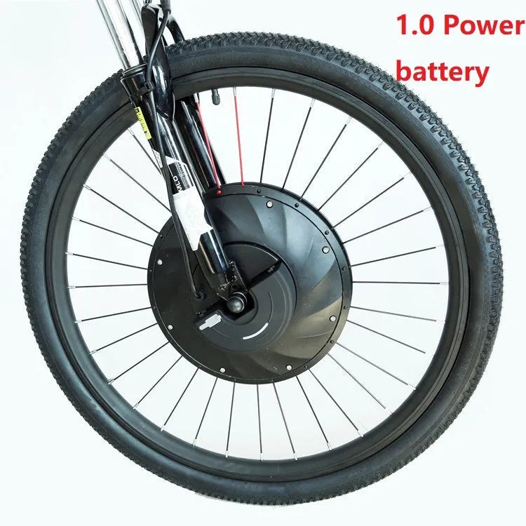 Yunzhilun electric bicycle conversion kit showing alloy hub motor wheel, lithium battery, and charger for 26-inch bikes