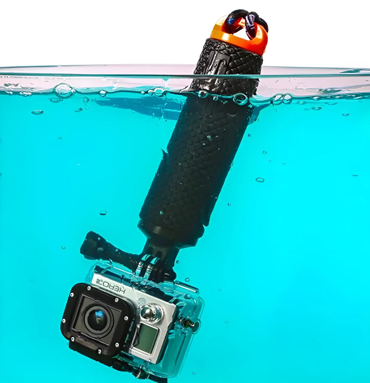 Floating selfie stick for action cameras in blue, green, orange, pink or yellow with wrist strap