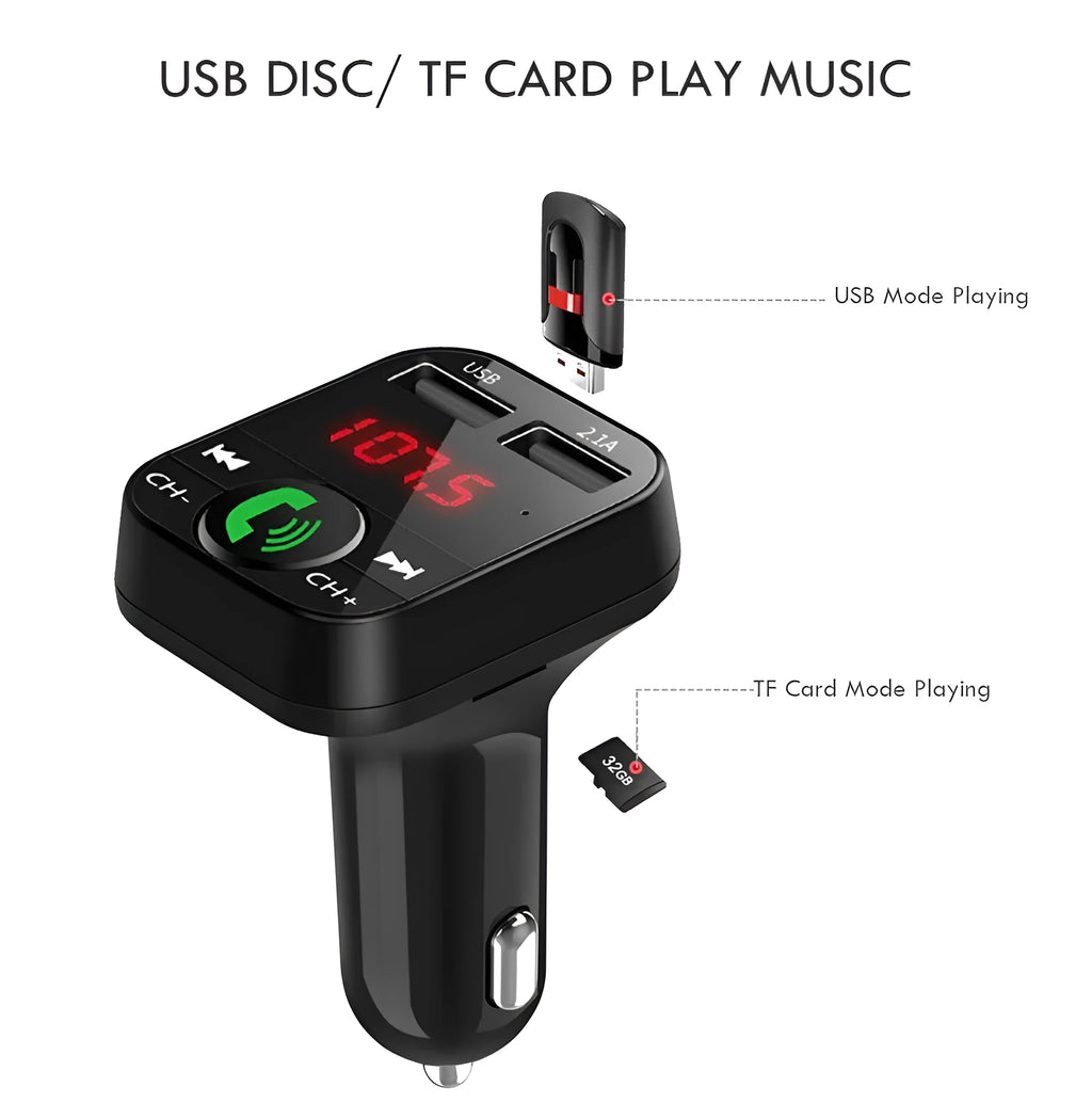 Black FM transmitter car charger receiver with LED screen, USB2.0 interface, TF card slot, and 12-24V cigarette lighter power supply