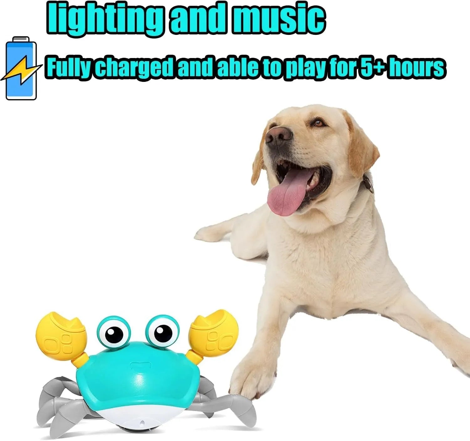 Blue or red crawling crab dog toy with obstacle avoidance sensors on a surface
