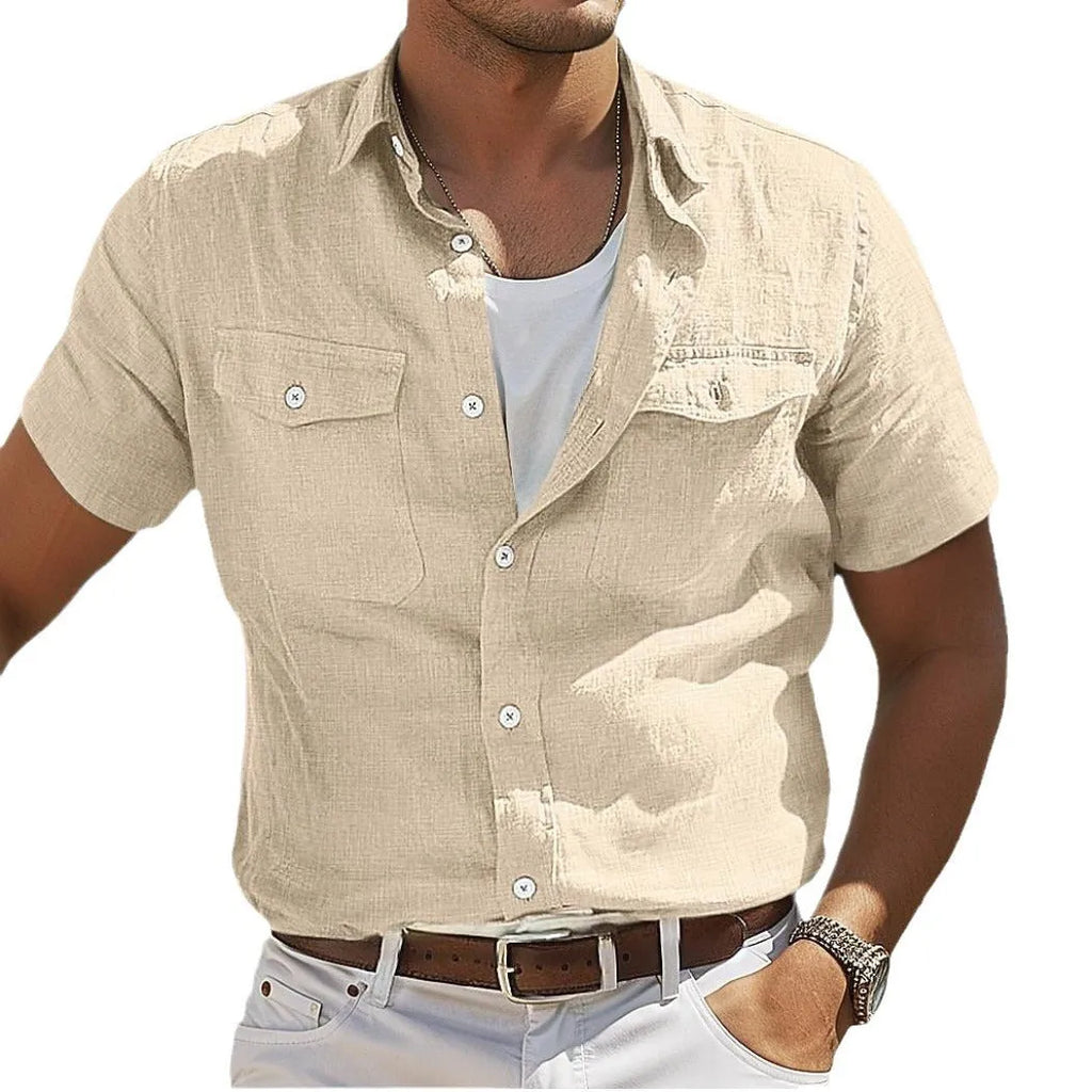 Men's cotton summer shirt with polo collar in loose cardigan style, solid colour design with long sleeves