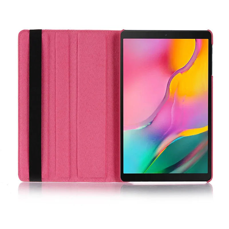 iPad rotating clamshell protective sleeve in imitation leather, shown in multiple colour options.