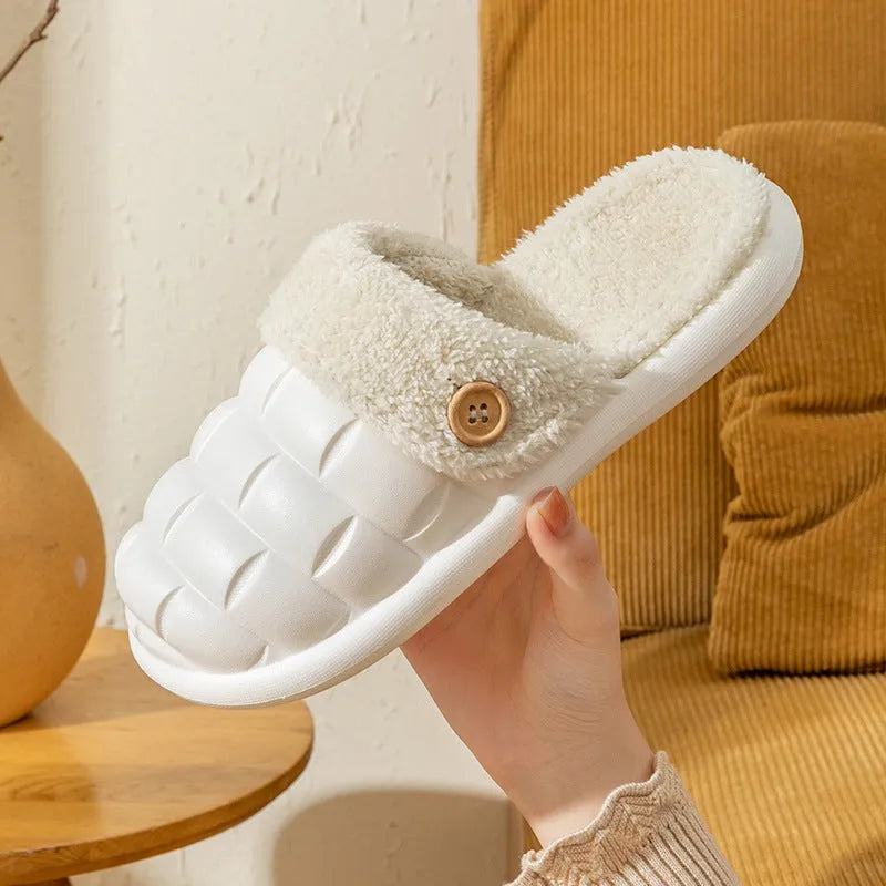 Plaid detachable EVA slippers for women in pink, showing plush lining and non-slip sole.