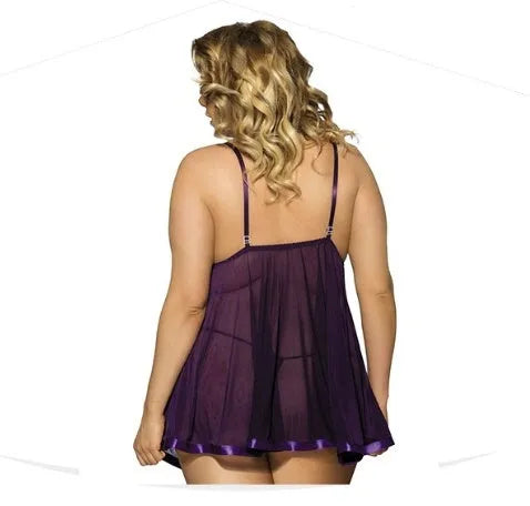 Plus size women's sleepdress with mesh panels and lace detailing in black, available in sizes up to 6XL