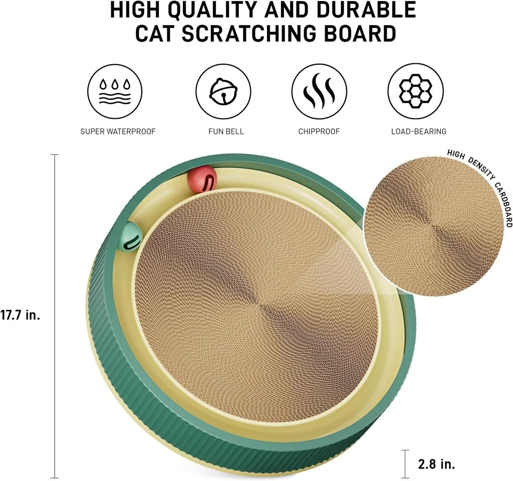 Large green circular cardboard cat scratching board with built-in track balls and a spring plush ball toy.