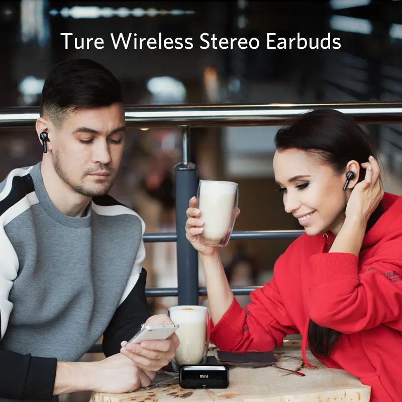 Black and white TWS wireless earbuds with Bluetooth 5.0 and IPX5 waterproof rating