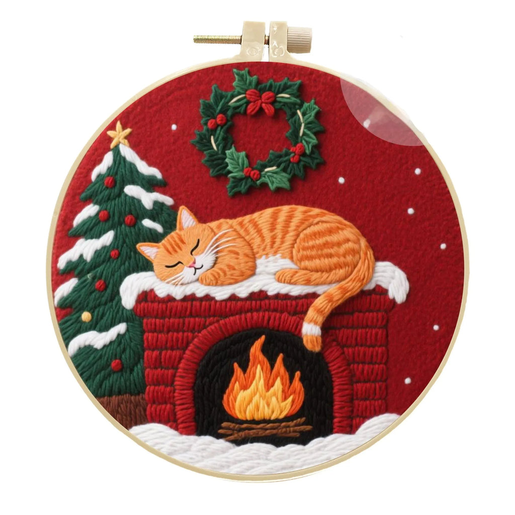 Embroidery DIY material package with autumn fruit cat designs on cotton linen fabric