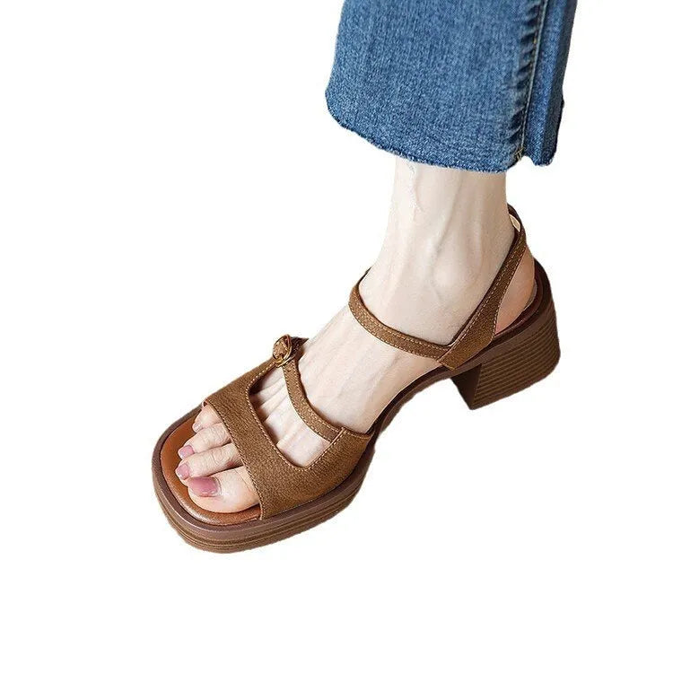 Women's open toe square toe retro platform sandals in beige colour with rubber sole