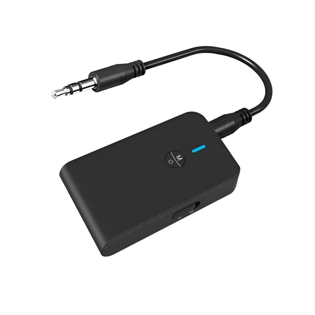 A black Bluetooth audio adapter with a 3.5mm AUX plug and external power cable.