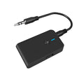 A black Bluetooth audio adapter with a 3.5mm AUX plug and external power cable.