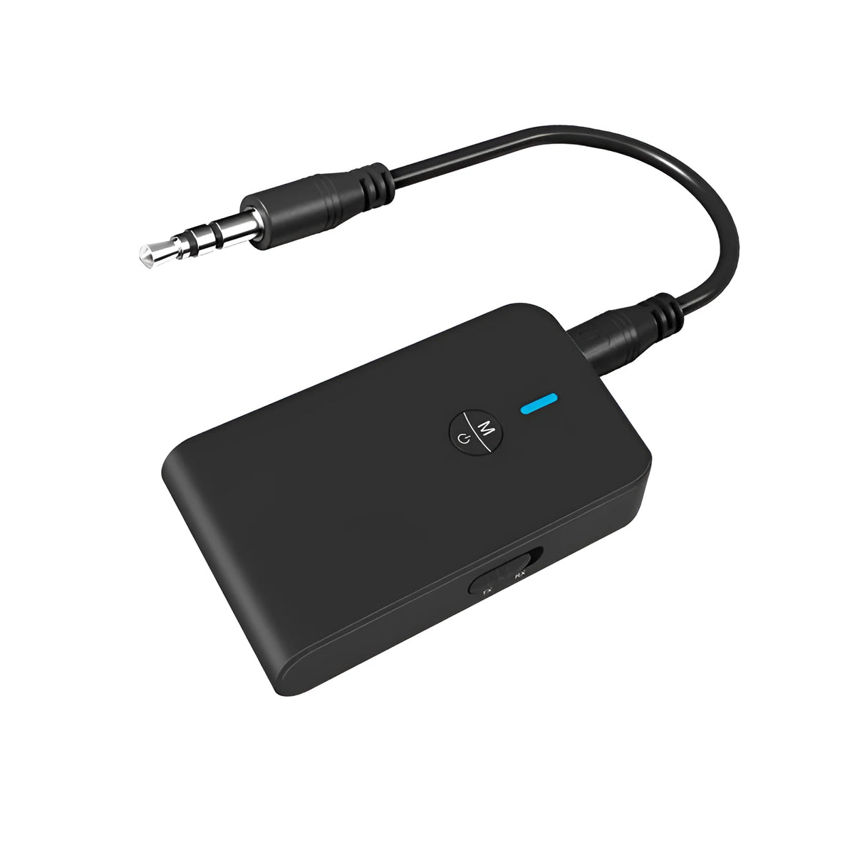 A black Bluetooth audio adapter with a 3.5mm AUX plug and external power cable.