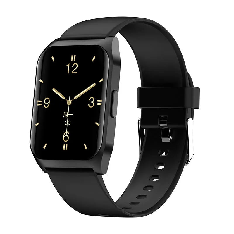 Black smart watch with heart rate monitor and Bluetooth calling on a silicone strap.