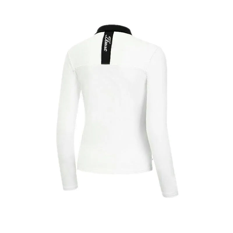 Women's white long sleeve golf top with slim fit for outdoor sports activities
