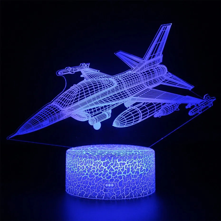 Cartoon airplane-shaped acrylic LED night light with a touch switch on a white background.