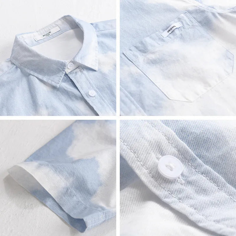 Man wearing a light pink loose-fit short-sleeved cotton cardigan style shirt.