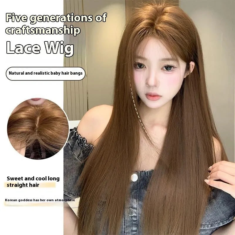 Warm brown lace front wig with centre-parted bangs and long straight hair