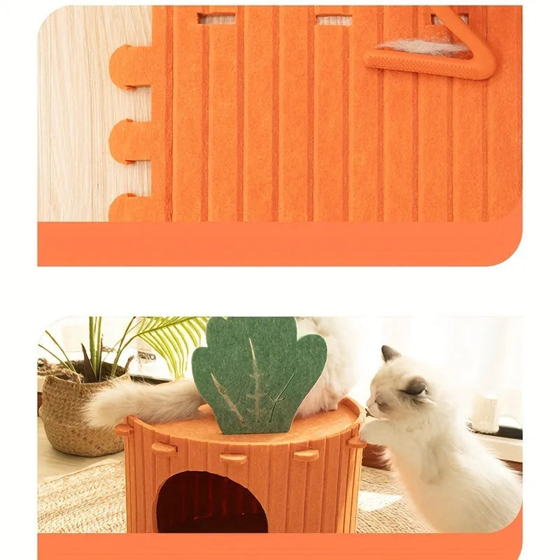 Grey wool felt cat tunnel with semi-enclosed roof and round drilled holes