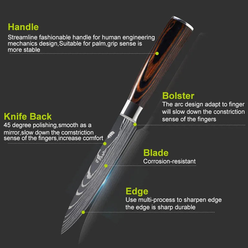 7CR17 stainless steel chef knife with laser Damascus pattern, 30cm long with colour steel handle