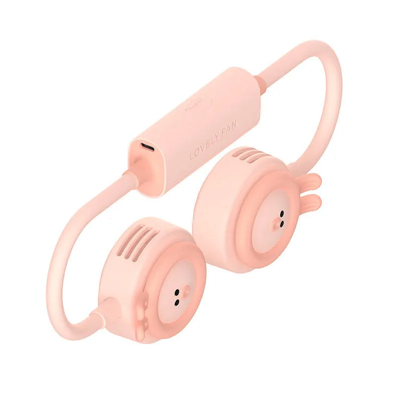 Pink and blue folding leafless hanging neck fan showing compact 195mm design with USB charging port