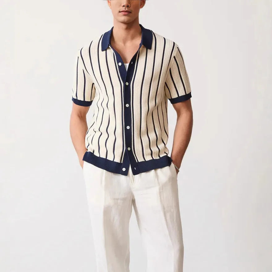 Men's white short sleeve knitted top with asymmetrical lapel collar and stripe pattern