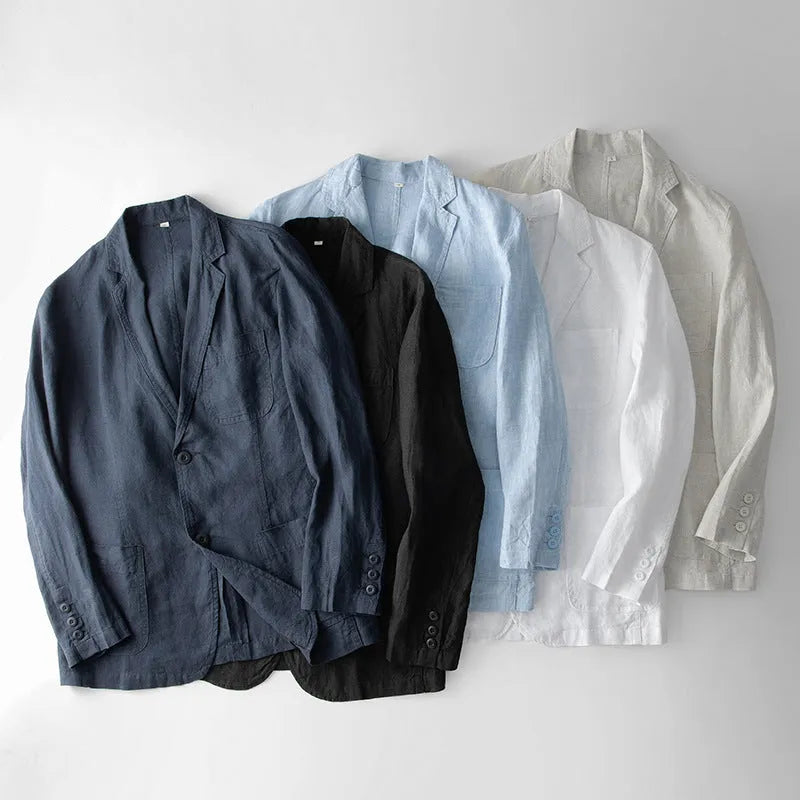 Men's loose fit linen casual jacket in solid colour with long sleeves
