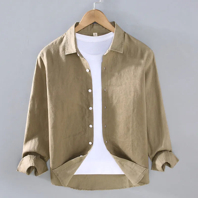 Men's pure linen shirt cardigan in solid colour with long sleeves, shown in multiple colour options