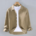 Men's pure linen shirt cardigan in solid colour with long sleeves, shown in multiple colour options