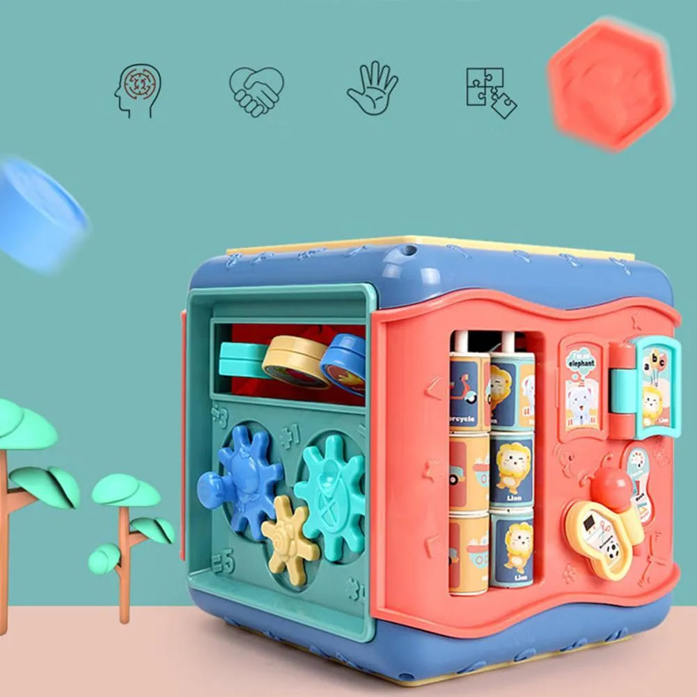 Colourful baby educational hexahedron cube with bead maze, gears, and clock for toddler learning