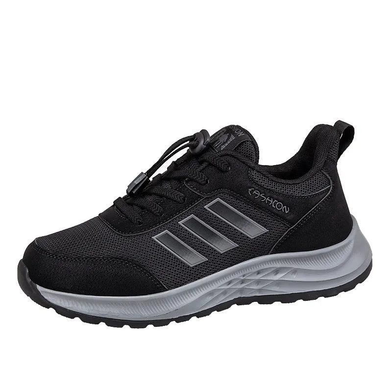 Men's and women's black mesh slip-on casual shoes with an elastic band across the instep.