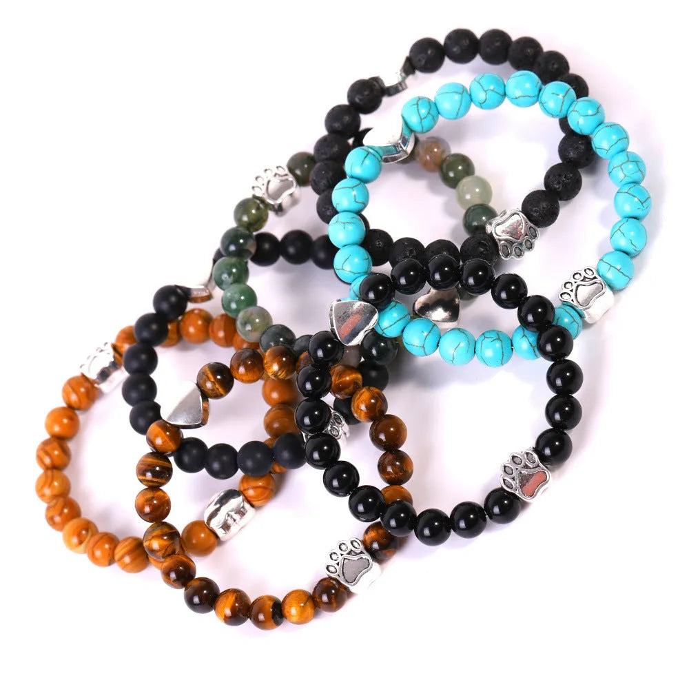 Tigereye and Indian Agate stone bracelet with a geometric dog's paw and love heart design on a round beaded band.
