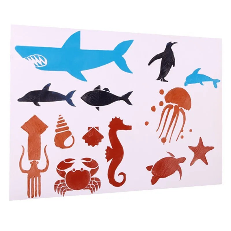 White drawing stencil set showing assorted artistic patterns including geometric shapes and mandala designs