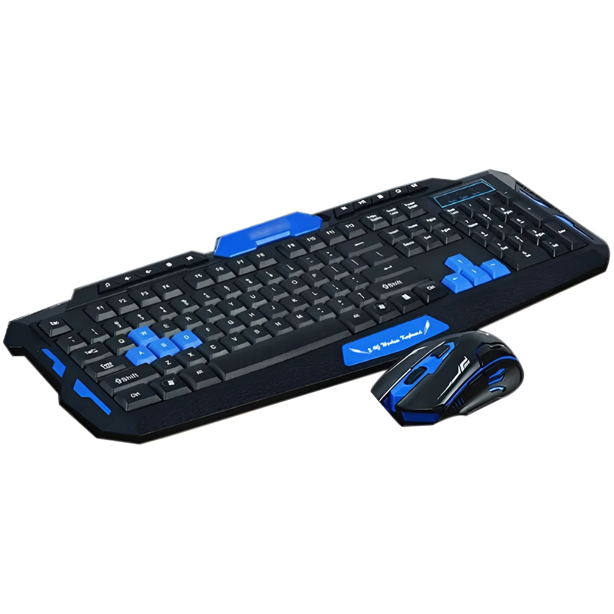 Black and blue wireless keyboard and mouse set with multimedia keys and DPI adjustment