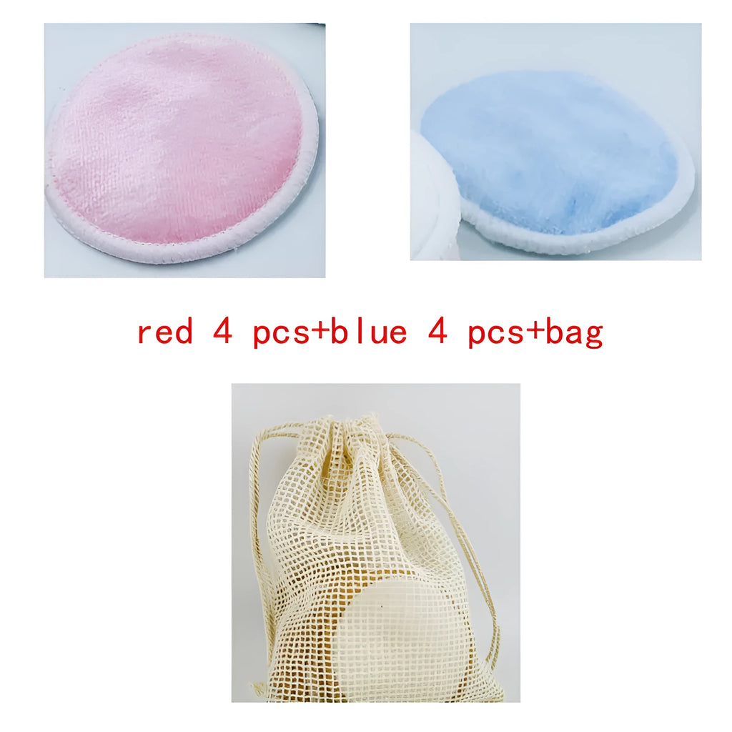 Set of 8 velvet makeup remover pads in red and blue colours with cotton mesh storage bag
